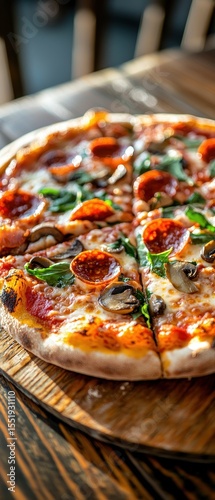 Delicious Pepperoni Pizza with Fresh Ingredients on Wooden Table