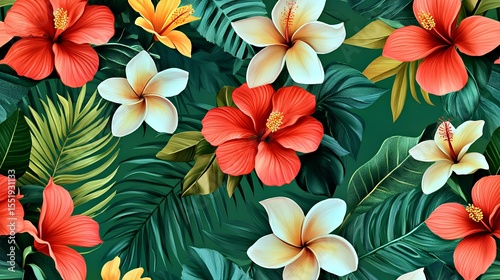 Vibrant tropical floral pattern featuring hibiscus and frangipani flowers.