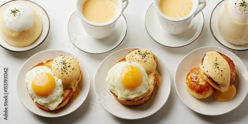 Delicious Breakfast Spread with Eggs, Tea, and Creamy Toppings