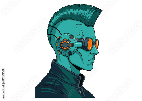 Cyberpunk Style Illustration Futuristic Male Portrait with Mohawk and Goggles
