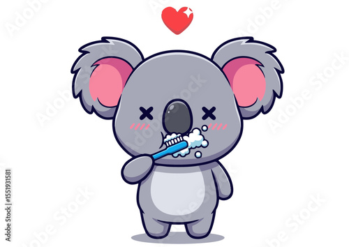 Adorable Koala Brushing Teeth Cute Cartoon Illustration