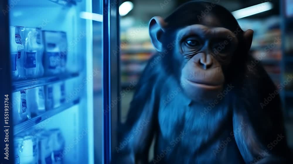 Curious Chimpanzee Looking at a Supermarket Refrigerator.