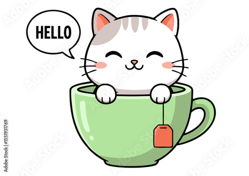 Adorable Kitten in a Teacup Cute Cartoon Illustration