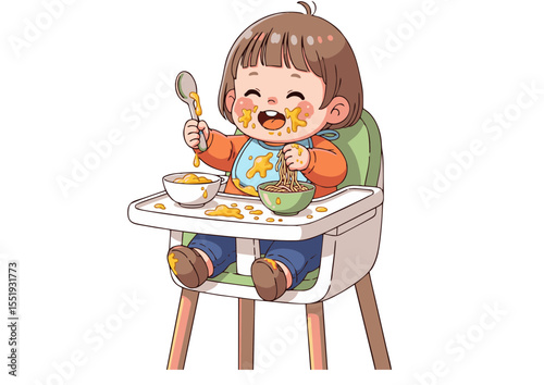 Adorable Toddler Enjoying Messy Mealtime in High Chair