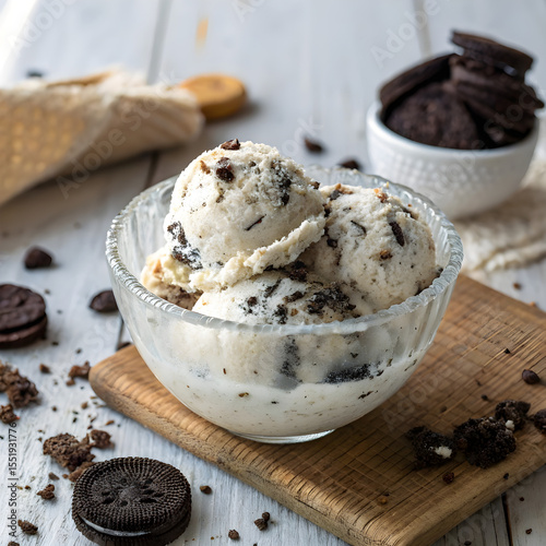 Cookies and Cream Classic Creamy cookies and cream ice cream with crushed cookie bits photo