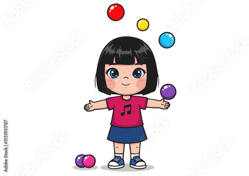 Adorable Girl Juggling Colorful Balls Fun Cartoon Illustration