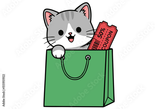 Adorable Kitten with 50% Off Coupon in Shopping Bag Cute Cartoon Illustration