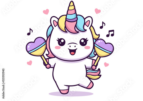 Adorable Dancing Unicorn with Maracas Cute Kawaii Illustration