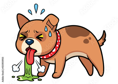 Sick Dog Cartoon Illustration Upset Puppy Throwing Up Green Slime
