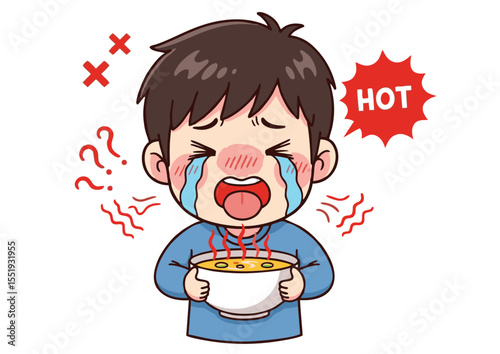 Spicy Food Reaction Boy Crying from Hot Soup Illustration