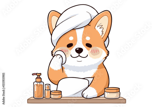 Adorable Corgi Puppy Pampering Itself with Skincare Routine Illustration
