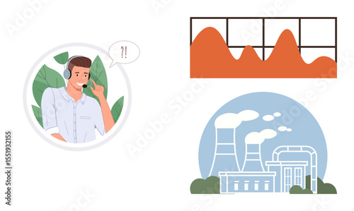 Support agent wearing headset with speech bubble, factory emitting smoke, and fluctuating data chart. Ideal for customer service, industrial production, communication, data trends, technology