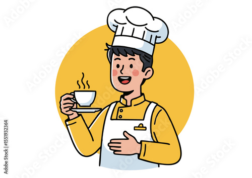 Happy Chef Enjoying a Warm Beverage Culinary Illustration