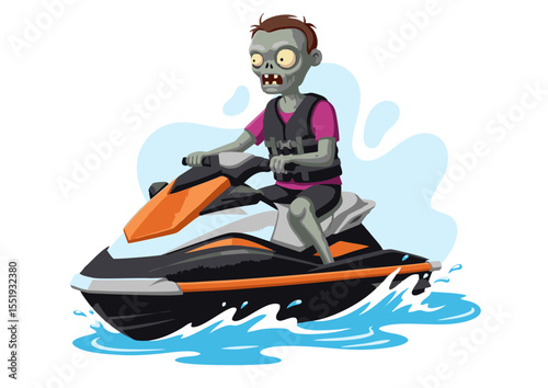 Cartoon Zombie on a Jet Ski Spooky Summer Fun Illustration