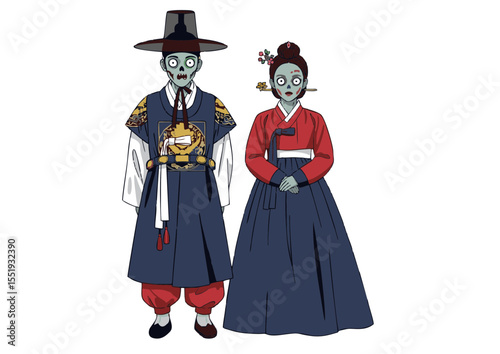 Undead Korean Royals A Spooky Illustration of Zombie Joseon Dynasty Couple in Traditional Hanbok