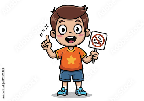 Cute Cartoon Boy Promoting No Smoking A Children's Illustration