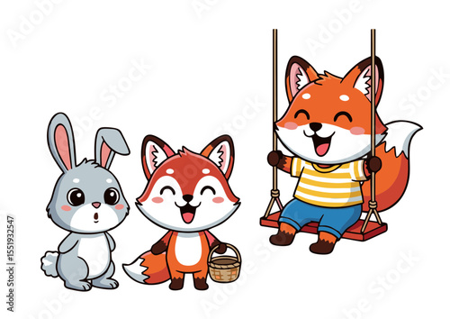 Adorable Cartoon Fox and Bunny Friends Playing Free Illustration