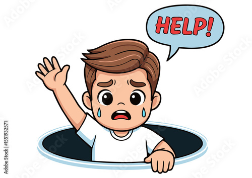 Cartoon Boy Asking for Help While Stuck in a Hole – Cute Vector Illustration