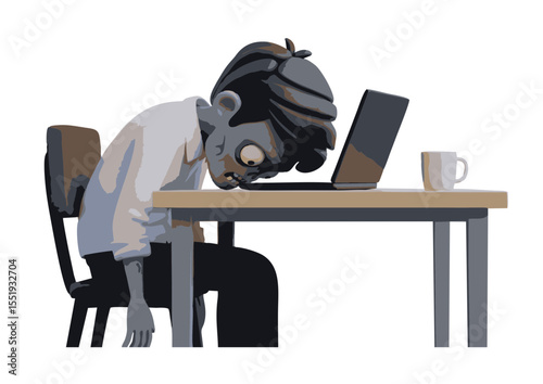 Exhausted Office Worker Slumped Over Laptop  A Vector Illustration of Workplace Burnout
