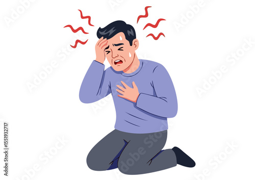 Man Experiencing Severe Chest Pain and Headache Illustration of Acute Discomfort