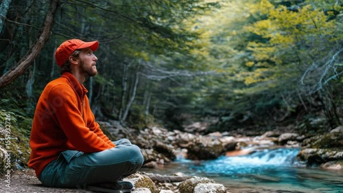 A man in an orange jacket and cap meditates by a forest stream surrounded by lush trees and rocks.