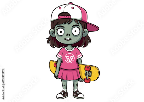 Zombie Girl with Skateboard: An adorable illustration depicts a young girl with a zombie transformation, embracing her unique character. She confidently holds a skateboard.