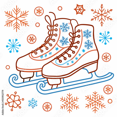 Ice skates decorated with snowflakes and winter elements in blue and red  