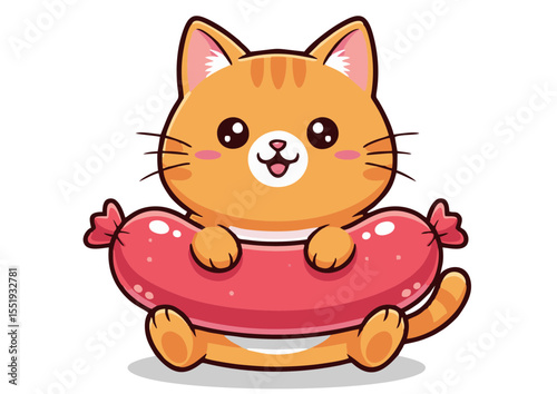 Adorable Orange Kitten Cuddling Giant Sausage Kawaii Cartoon Illustration