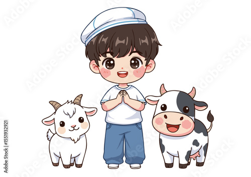 Adorable Cartoon Boy with Goat and Cow Farm Friends Illustration