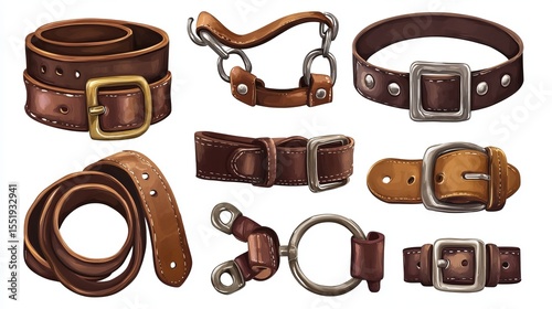 A set of brown leather straps and belts featuring steel buckles and metal fittings. This haberdashery illustration showcases leather strapping accessories with metallic hardware details.
