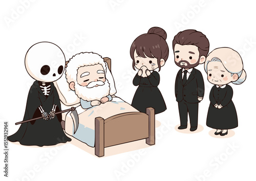 Rest in Peace: A poignant scene depicting the cycle of life, where a serene figure peacefully transitions, surrounded by the embodiment of mortality and grieving loved ones. 