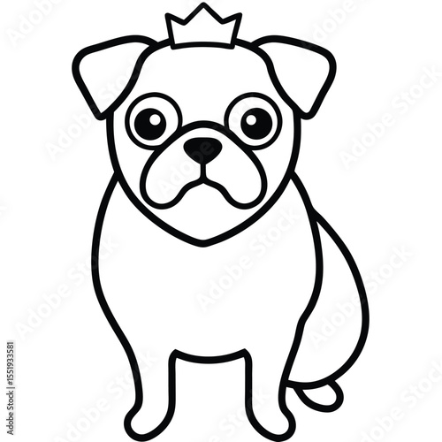 Cute cartoon pug dog wearing a crown sitting and looking forward