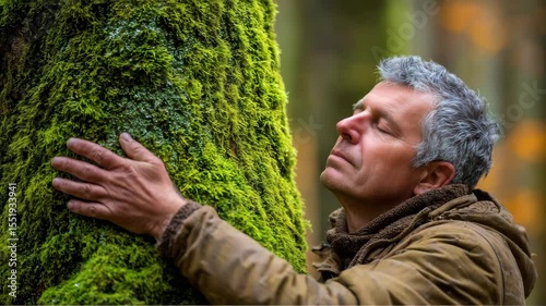 A man hugs a mossy tree in a forest, eyes closed, connecting peacefully with nature.