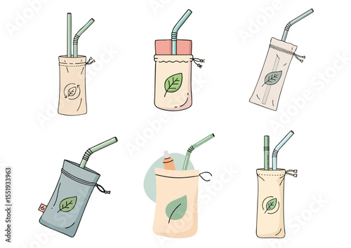Flat vector illustration of reusable straw in cloth pouch with leaf symbol, representing zero waste lifestyle