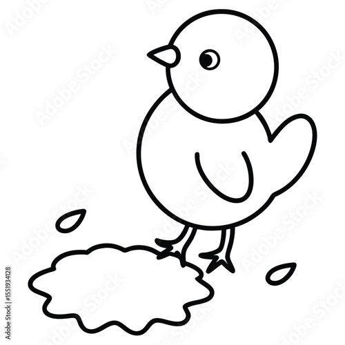 Cute cartoon chick standing next to a puddle and seeds