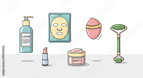 Illustration showing various beauty products including lotion mask applicator and jade roller for skincare routine
