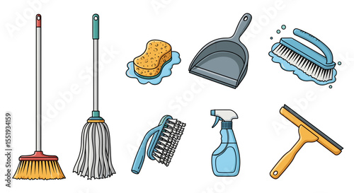 Illustration of various cleaning supplies including brooms, mop, sponge, and spray bottle items set up