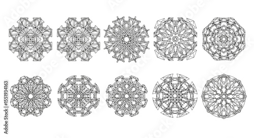 Collection of ten abstract geometric shapes with intricate line patterns in black and white design