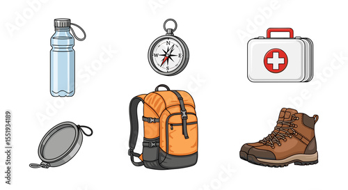 Illustration of hiking gear including a water bottle compass backpack first aid kit and hiking boot items