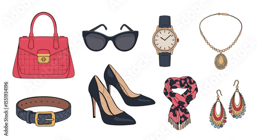 Illustration of fashion accessories including a handbag, shoes, and jewelry on a white background