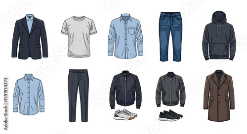 Display of diverse men's clothing items including shirts, pants, jackets, and outerwear on white background