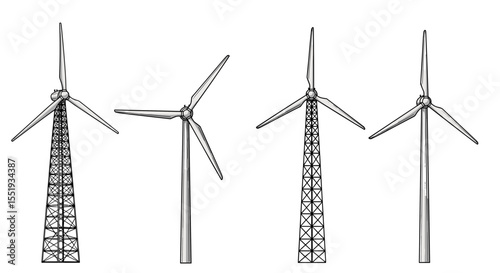 Four wind turbines are shown in a row with varying tower structures and blade orientations in the image