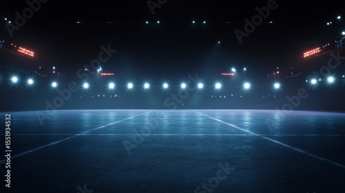 Empty stadium at night, illuminated by bright spotlights, creating a dramatic atmosphere.