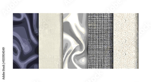 Assorted fabric swatches displaying various textures and patterns in different shades and material types