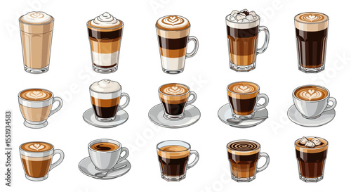 Illustration showcasing a variety of coffee drinks in glasses and mugs with different toppings and layers