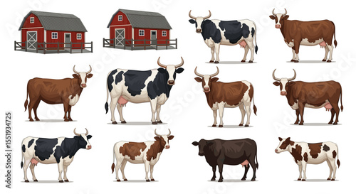 Illustration of farm buildings and cows with various colors and patterns on a white background