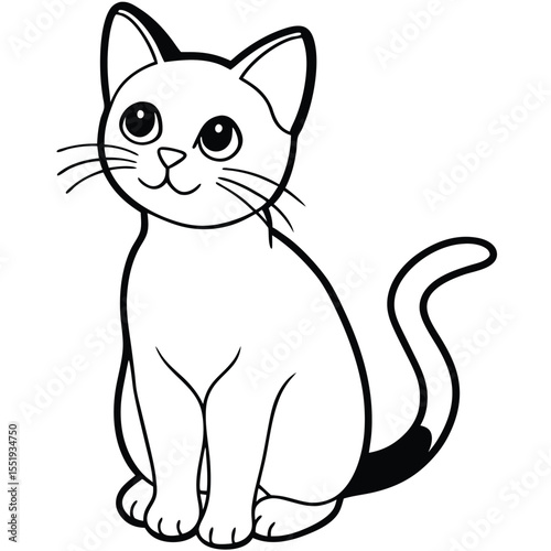 Cute black and white cartoon cat sitting and looking up with big eyes