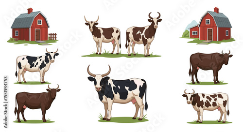 Illustration depicting various cows and barns on a white background with grass patches artfully arranged