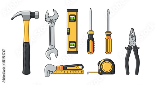 Illustration of various hand tools including a hammer wrench level screwdrivers pliers and tape measure set