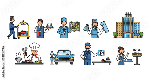 Illustration showing various hotel staff members and the hotel building in a cartoon style design